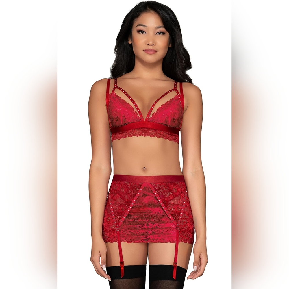 Red Lace Plunge Bralette with Strappy Accents